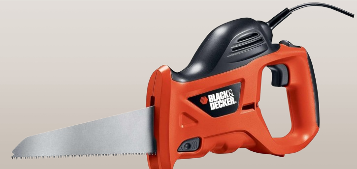 Black+Decker electric saw with a sleek black and orange design, featuring a powerful motor, ergonomic handle, and a sharp blade for precise cutting of wood, metal, and plastic.