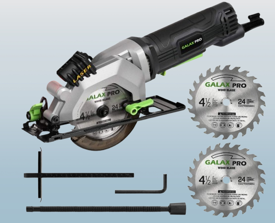 GALAX PRO 4 Amp reciprocating saw with a compact black and green design, featuring a powerful motor, variable speed trigger, ergonomic handle, and tool-free blade change for efficient cutting in wood, metal, and plastic.