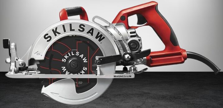 SKILSAW SPT77WML-01 Lightweight Circular Saw with a silver and black design, featuring a durable magnesium construction, 15-amp motor, and worm drive mechanism for powerful and precise cutting performance.